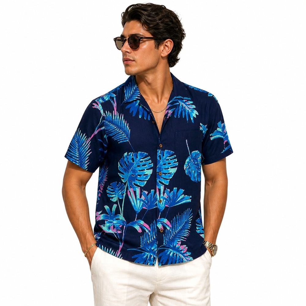 28 Palms Button Down Shirt Blue 100% Cotton Floral Tropical Retro Coastal Size M